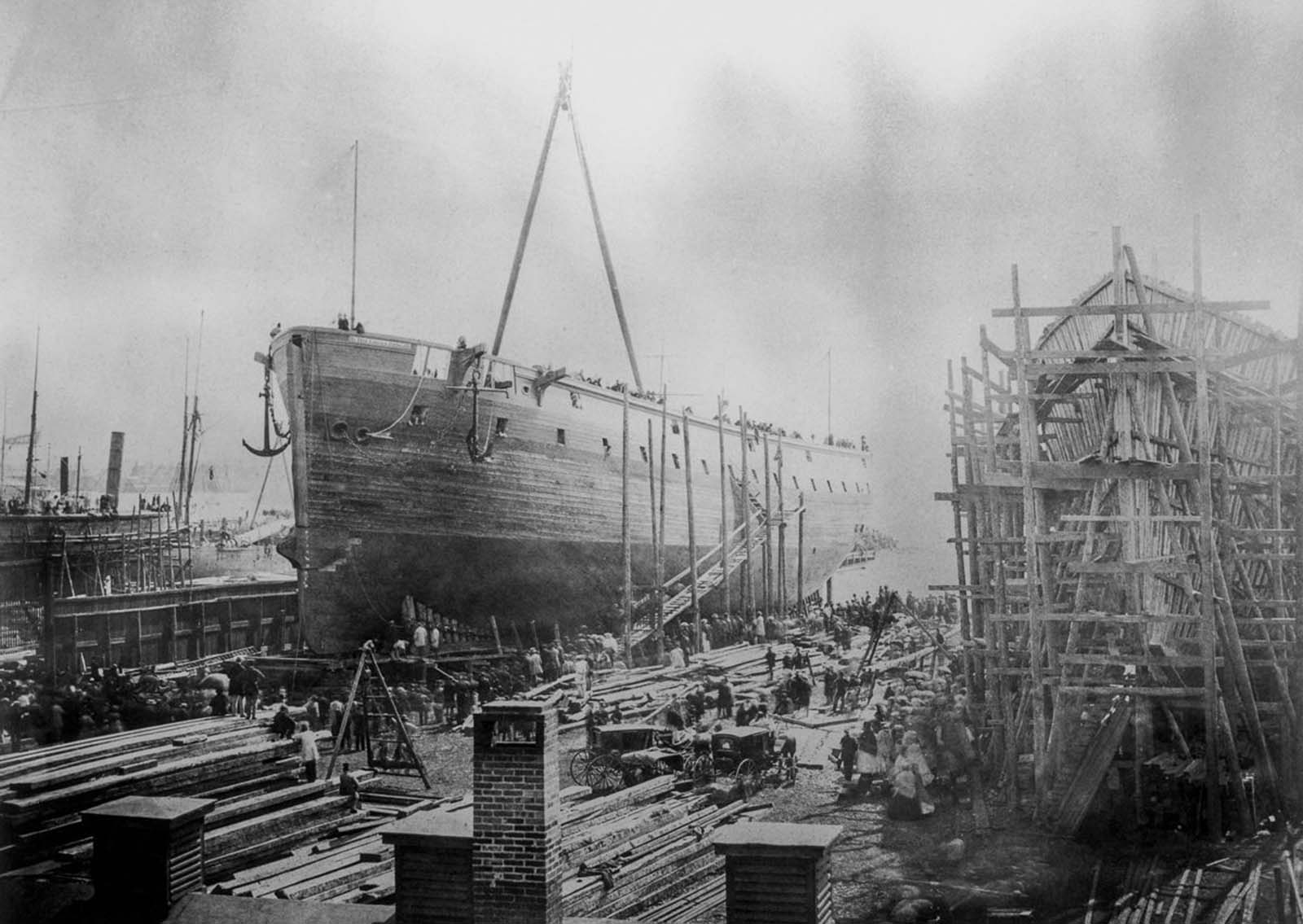 #4 The William H. Webb Shipyard in New York. The ship under construction is the ‘Re Don Luigi di Portogallo,’ an ironclad vessel built for the Italian government.