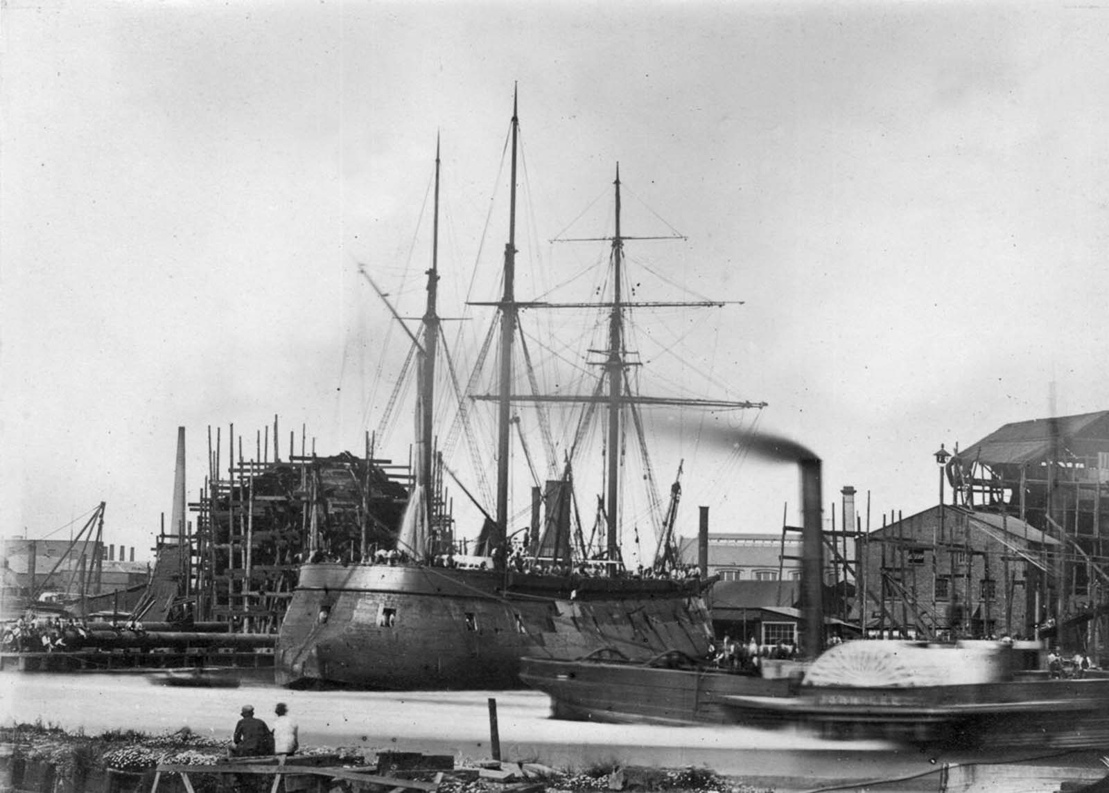 #6 An iron-cased Russian battery ship in dock, 1863.