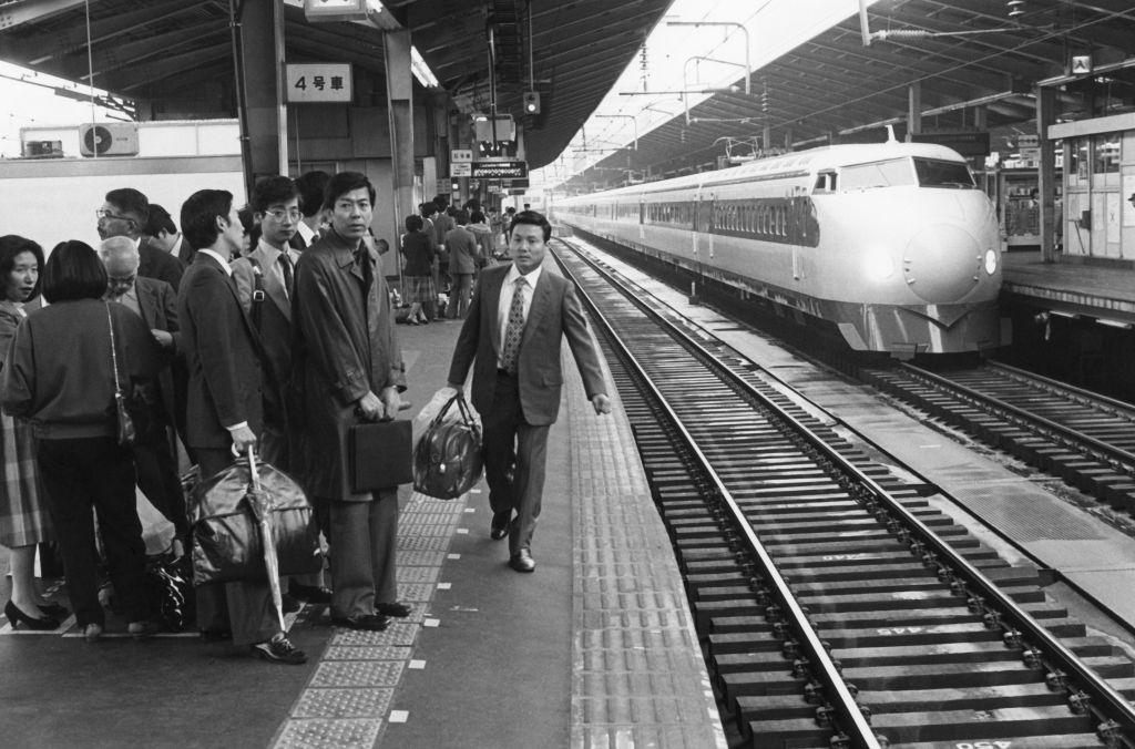 #74 Shinkansen train at a station in Tokyo, 1984