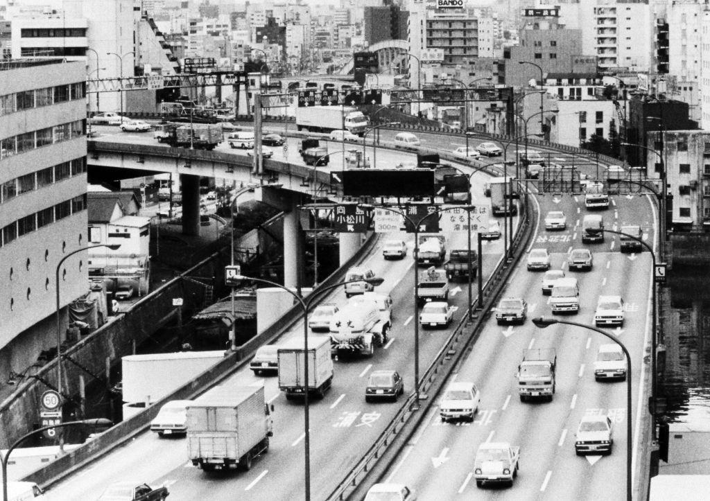 #85 Cars run at Shuto Expressway No.6 near Nihonbashi Kakigaracho area, Tokyo, 1983