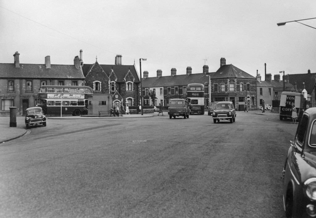 #50 Adamsdown Square, Adamsdown, an inner city area and community in the south of Cardiff, Wales. Circa 1965. Our Picture Shows Adamsdown Square where five roads meet.