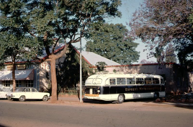 #15 African Motorways Coach at stop at Hartley, Rhodesia (now Zimbabwe), on way to Beitbridge, September 29, 1968