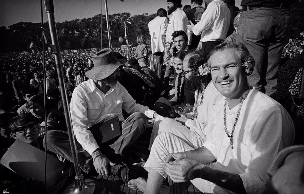 #14 Timothy Leary, Allen Ginsberg, and Gary Snyder onstage telling everyone to “Turn on, tune in, and drop out” at the Human Be-In at Golden Gate Park Polo Fields, January 14, 1967.