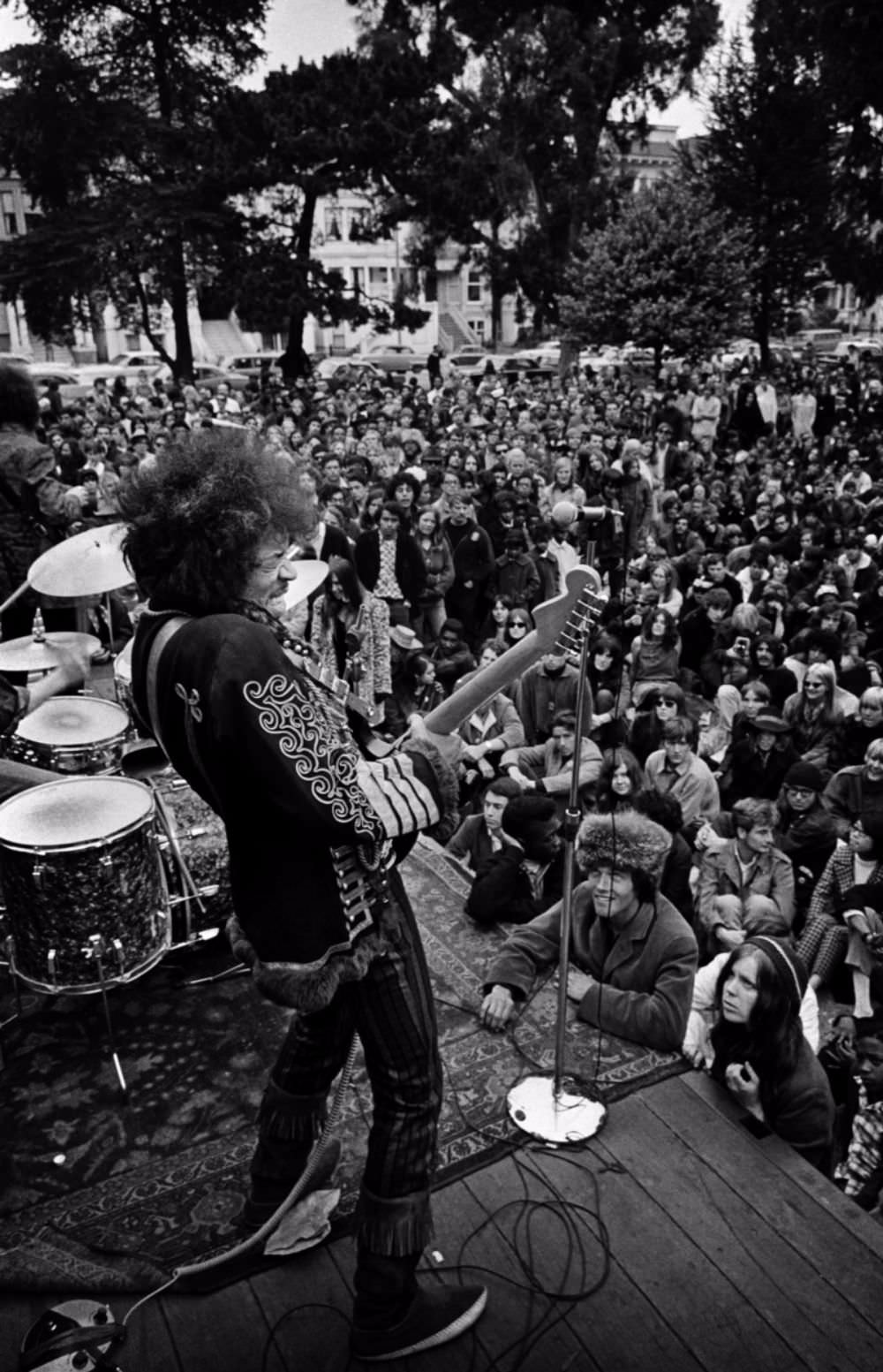 #6 Jimi Hendrix performing onstage at a free concert in the Panhandle, June 19, 1967.