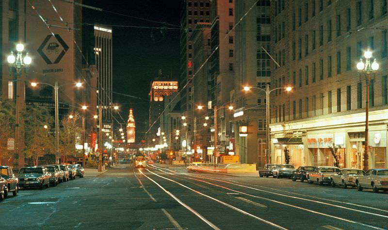 #60 Night view of Market Street at 3rd Street/Geary Street looking northeast, 1971