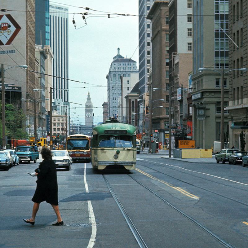 #29 PCC heading southwest on Market Street at 3rd Street/Geary Street looking northeast, 1971
