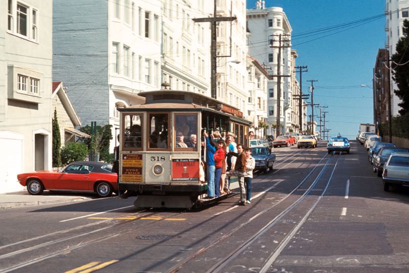 #63 Powell-Hyde cable car route. View south on Hyde Street at Lombard Street, 1971