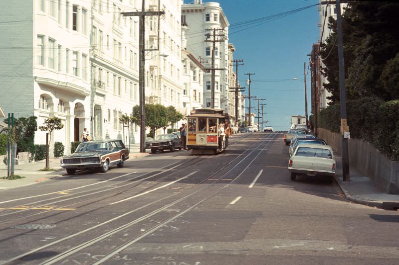 #64 Powell-Hyde cable car route. View south on Hyde Street from Lombard Street, 1971