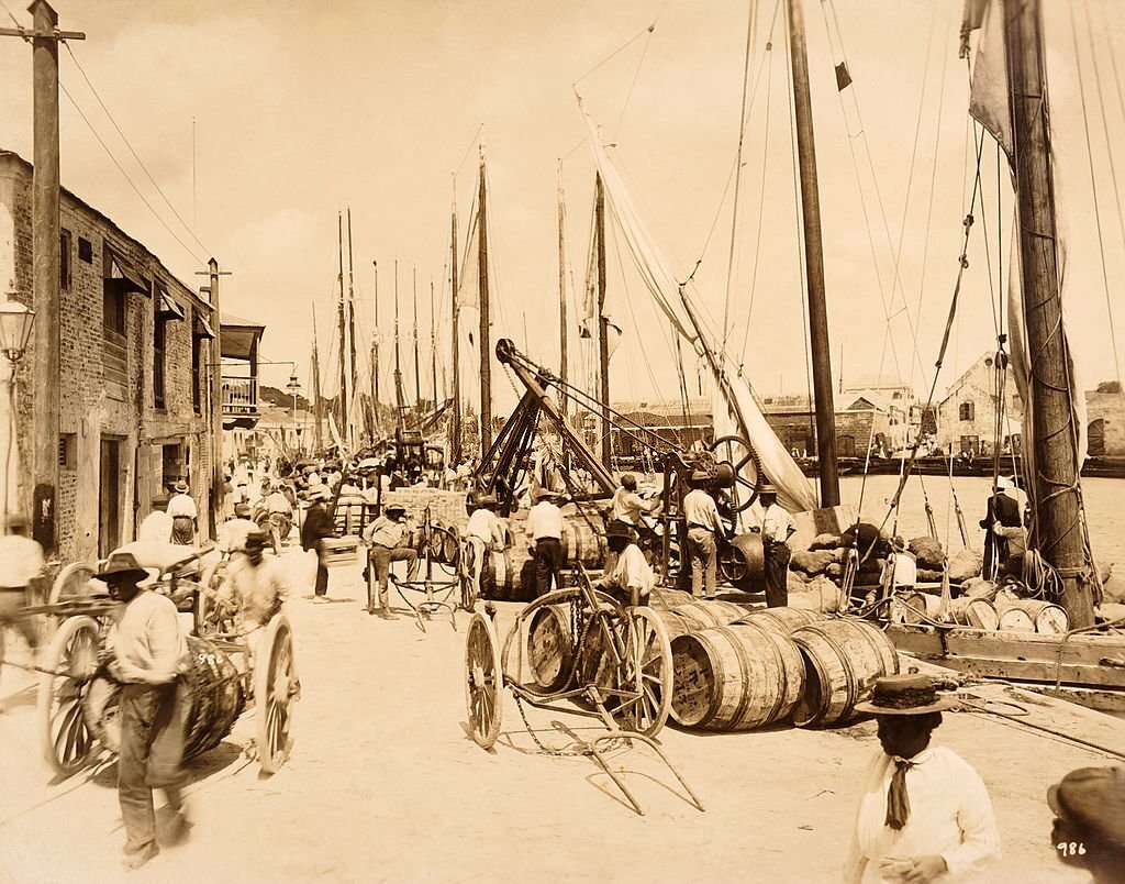 #107 Barrels of sugar cane syrup at the docks in Bridgetown, Barbados, West Indies, 1890.
