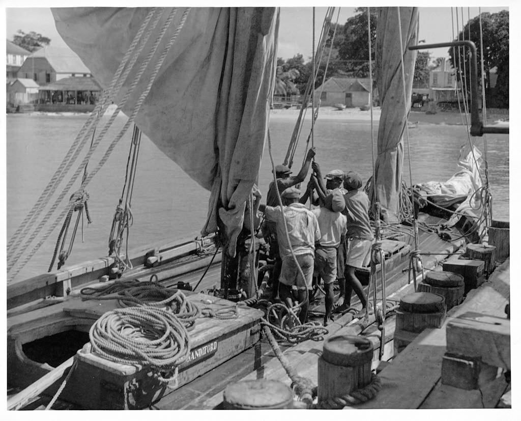 #120 A schooner crew sailing on a ship in Bridgetown, Barbados, 1955.