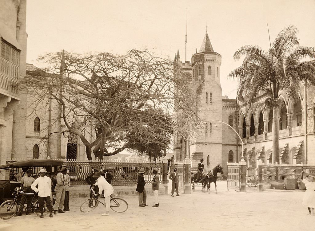 #96 Government Buildings in Bridgetown, Barbados, West Indies with the Post Office on the left and the Council and Assembly Chambers on the right, 1900.