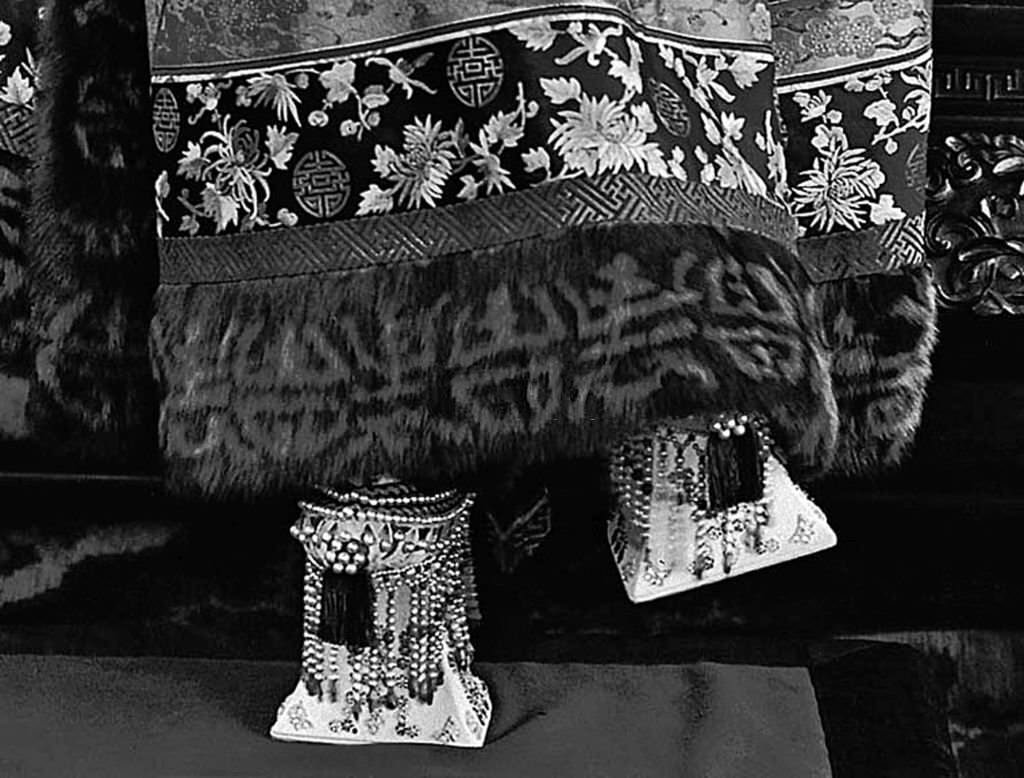 Detail of 15cm elaborate and costly mati xie or ‘horse-hoof shoes’ worn on formal occasions by Cixi, 1900