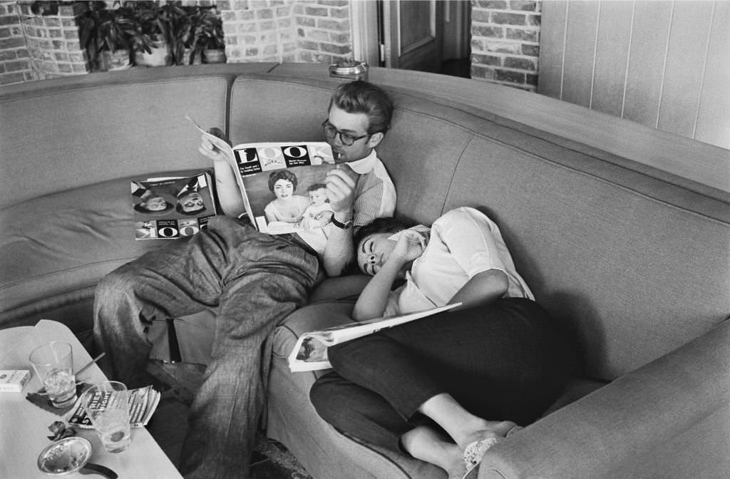 #1 Elizabeth Tayor is taking a namp and James Dean is reading.