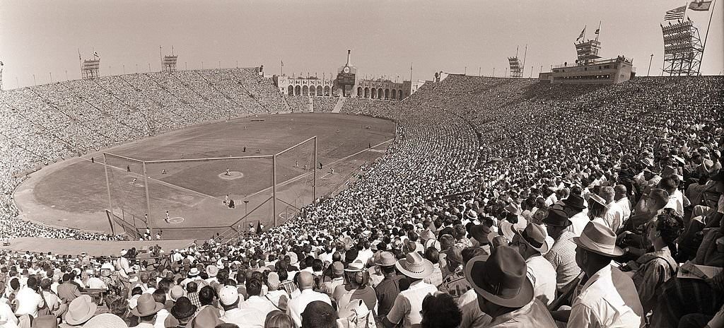 #41 Baseball: World Series, View of fans at Memorial Coliseum, stadium during Los Angeles Dodgers vs Chicago White Sox game.