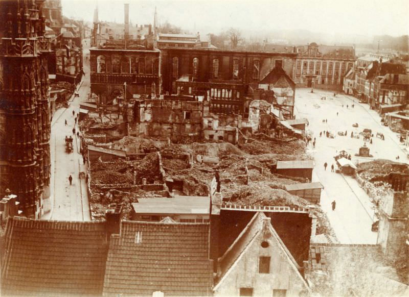 #5 City Hall and university library ruins. City Hall on left, Grote Markt on right, Leuven, August 1914