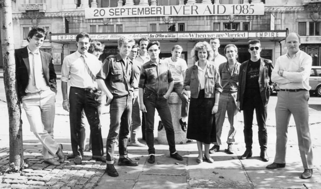 #100 The team behind the starts appearing at the Liver Aid concert for Ethiopia at the Liverpool Empire, 19th September 1985.