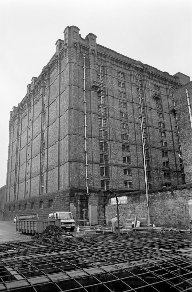 #15 Stanley Dock in Liverpool, showing the tobacco warehouse building, 5th April 1989.