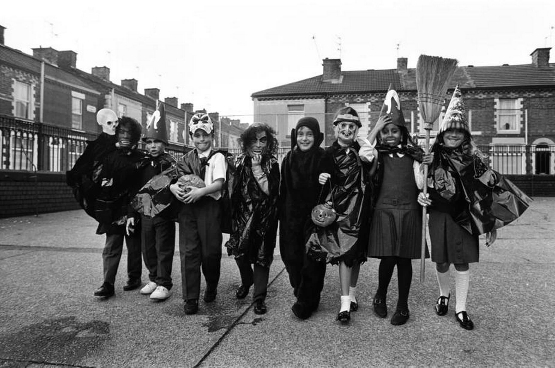 #28 Children celebrating Halloween in Liverpool. 31st October 1989.