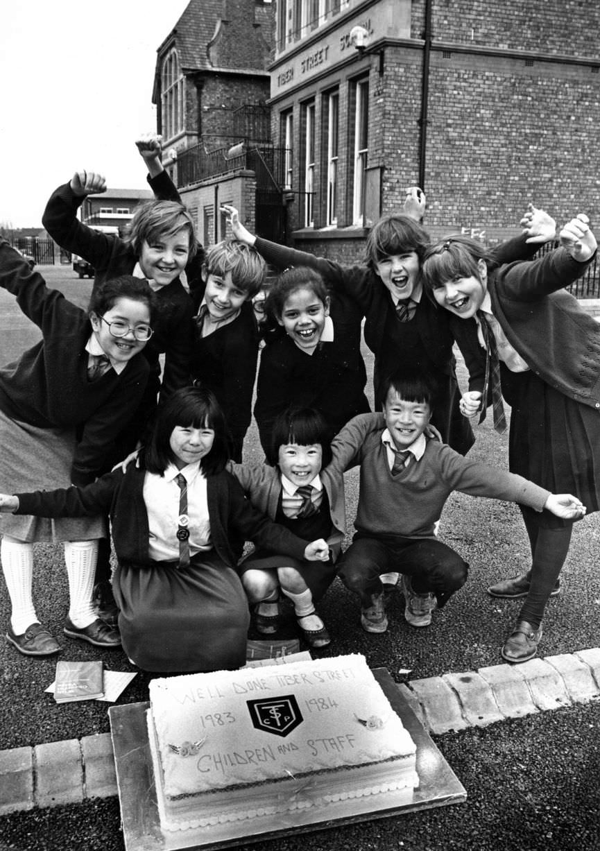 #47 Party time for children from Tiber Street School, Toxteth, after they were given 10 out of 10 for achievement from Government inspectors, 14th April 1984