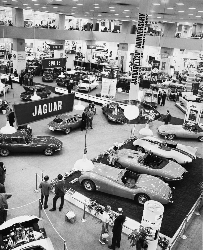 #27 A general view of the British Motor Corporation Jaguar Cars stand during the New York International Auto Show at the New York, 1968