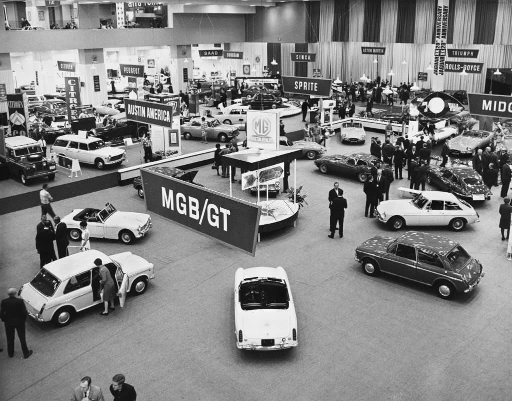 #28 The British Motor Corporation stand during the New York International Auto Show at the New York Coliseum convention center on 2nd April 1968 in New York City