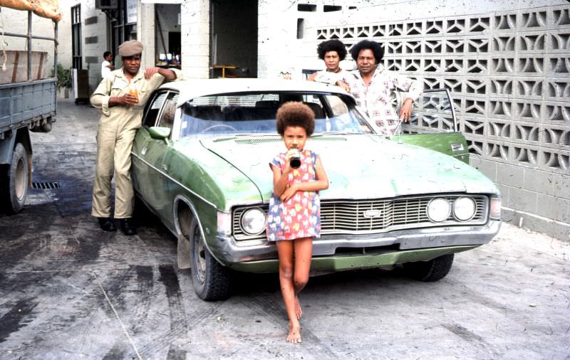 #3 Ford Fairlane at Service Station at Boroko ready for the trip, 1975