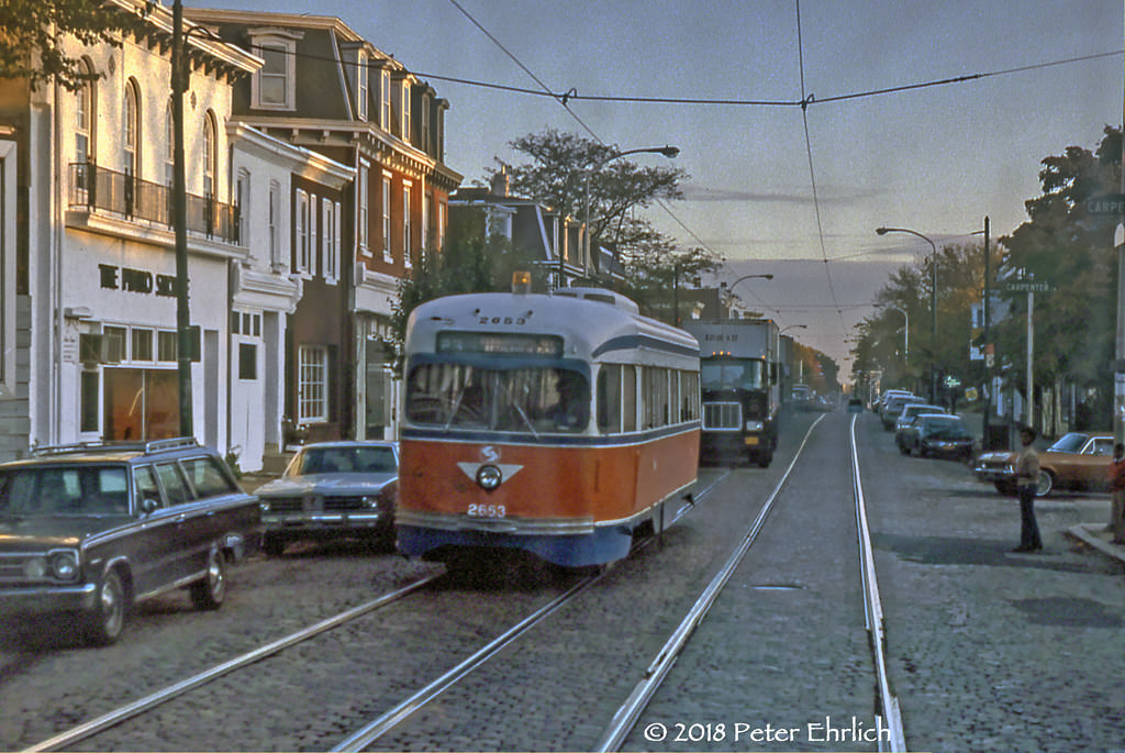 #80 Air-electric PCC 2653 was one of the last six air-electrics to operate in the City of Brotherly Love in 1982.