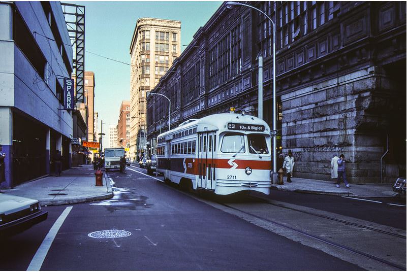 #17 A SEPTA PCC car rolls past Reading Terminal Market at the corner of 12th and Filbert in downtown Philadelphia