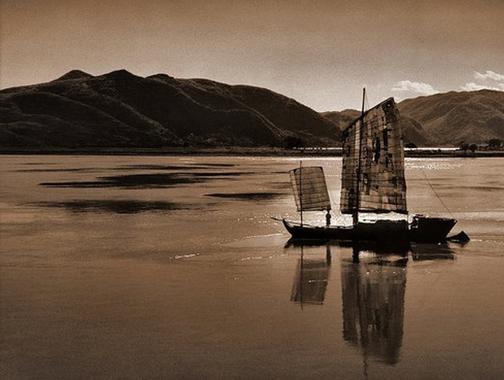 #48 A Boat on a River With Rolling Hills in the Background in the Kiangsu Province or Yunnan Province, China, 1946
