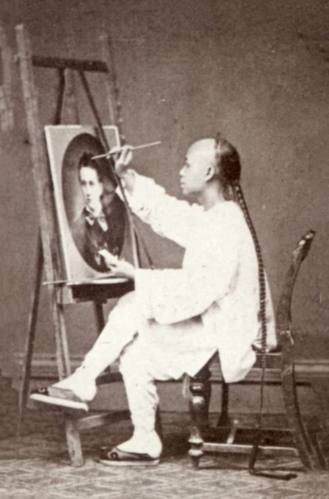 #5 Chinese artist copying a photograph for the export trade, Hong Kong, ca. early 1860s