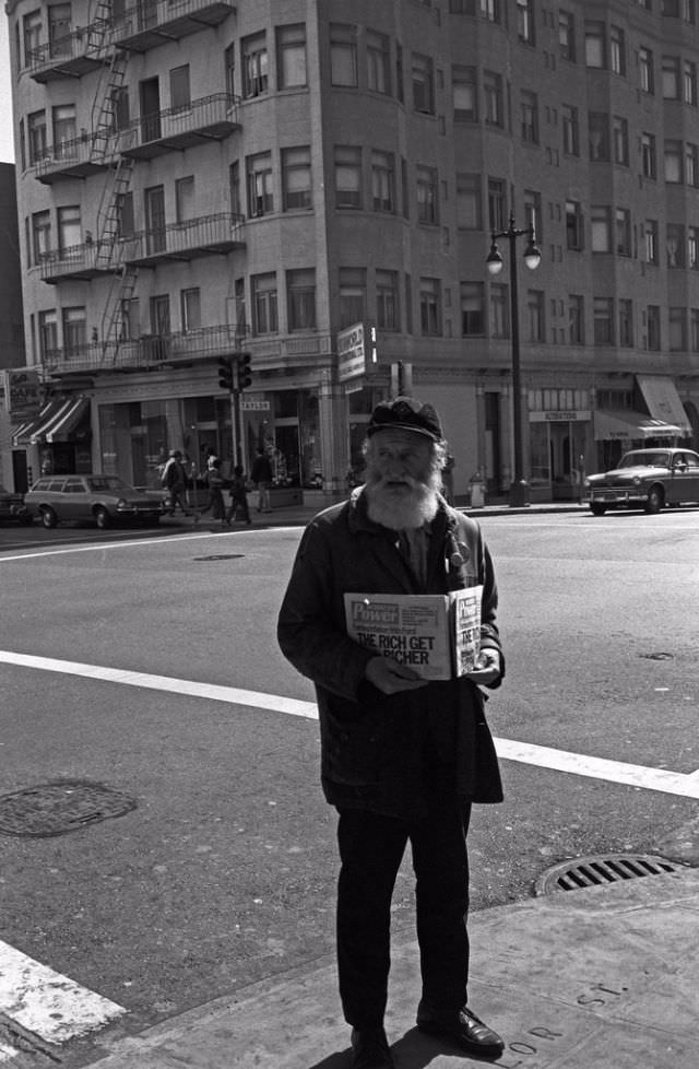 #1 An old man with newspapers “The Rich Get Richer”, The Tenderloin, San Francisco, 1975