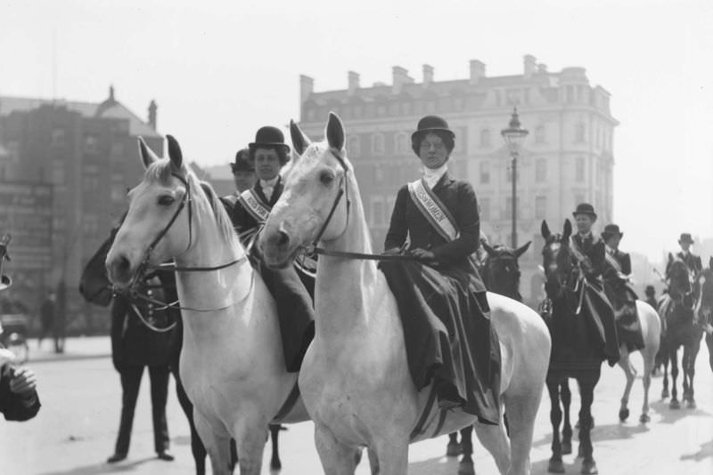 #5 Mounted suffragettes taking part in a procession to promote the Women’s Exhibition, May 1909