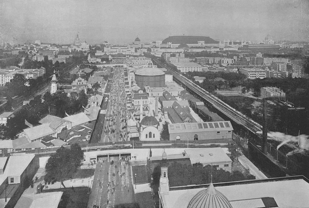 #74 The Midway Plaisance, looking east, as it appeared from the top of the Ferris wheel, with the Exposition Building in distance at the World’s Columbian Exposition in Chicago, 1893.