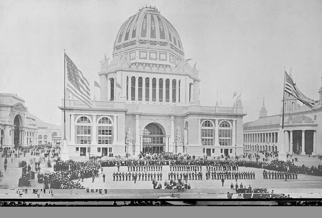 #77 A drill of cadets on the plaza to the west of the Administration Building, where all military exercises were held, at the World’s Columbian Exposition in Chicago, 1893.