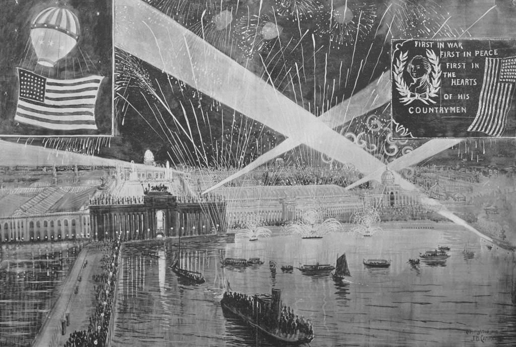 #143 Artistic rendition of the Grand Illumination and accompanying display of fireworks at the World’s Columbian Exposition.