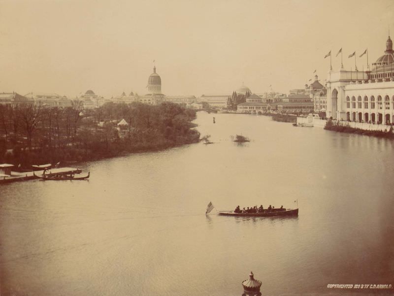 #149 Lagoon with Illinois State Building in center back, Fisheries, Government, and Manufactures Buildings on right, World’s Columbian Exposition, Chicago, 1893