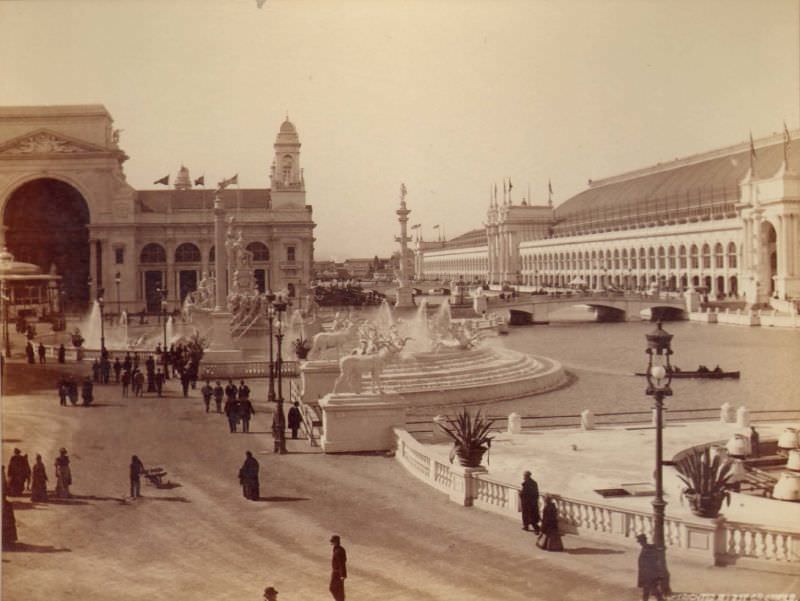 #96 MacMonnies fountain. Electricity and Liberal Arts Buildings visible, World’s Columbian Exposition, Chicago, 1893
