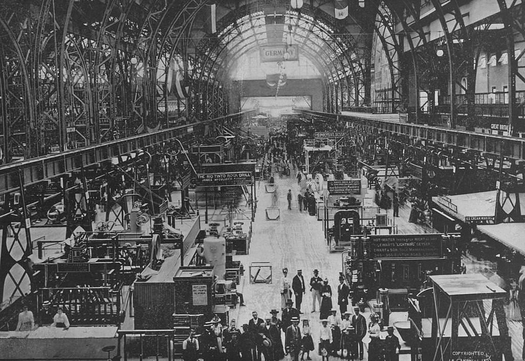 #116 The interior of Machinery Hall, looking west, showing a section of the German exhibit at the World’s Columbian Exposition in Chicago, 1893.