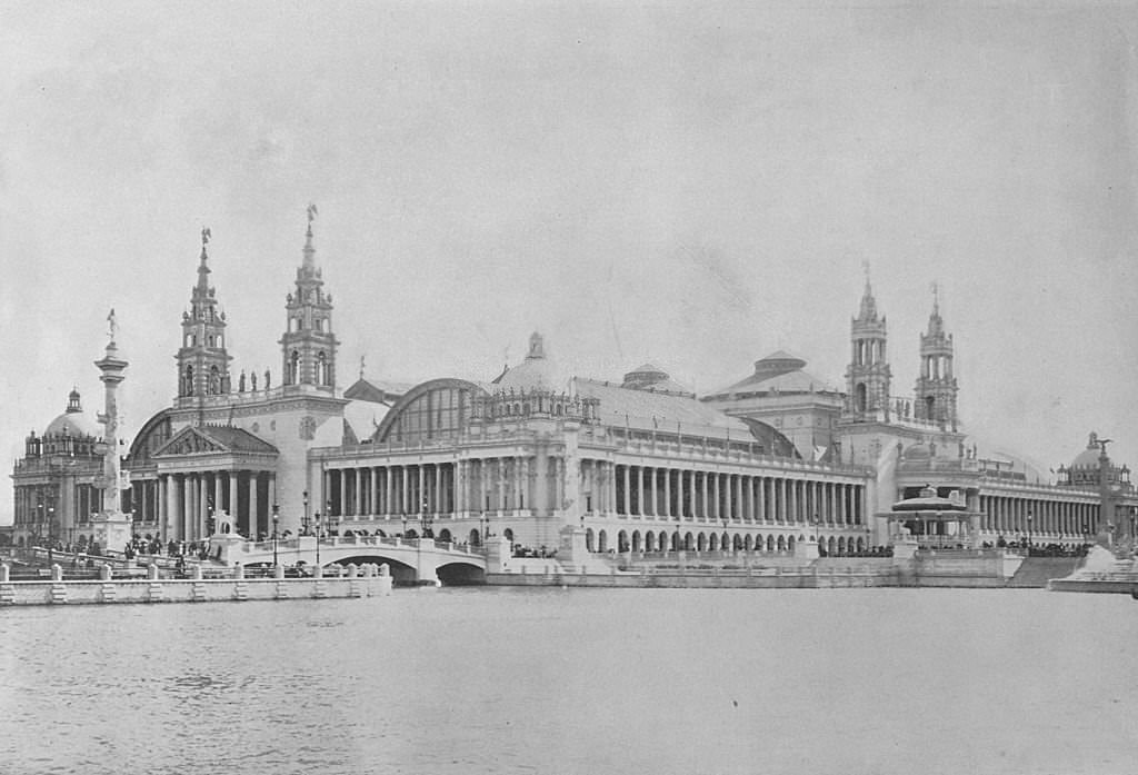 #10 Machinery Hall, showing the grand entrances at the north and east sides of the building at the World’s Columbian Exposition in Chicago, 1893.
