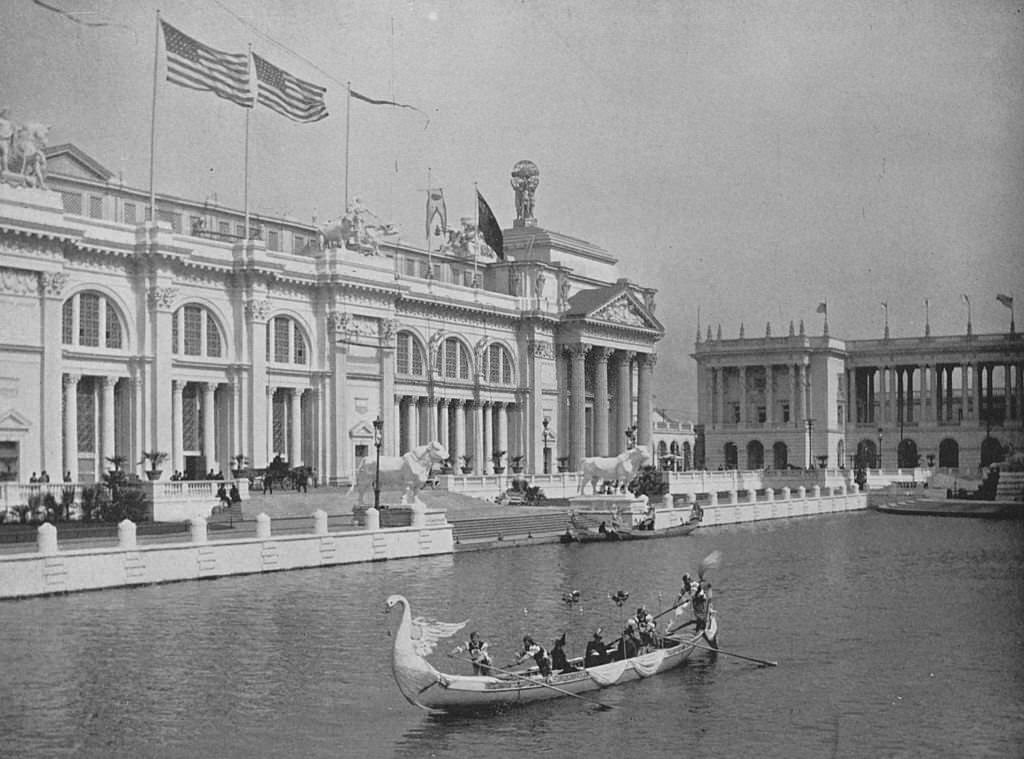 #11 The Great Central Basin, Venetian Gondola In The Foreground at the World’s Columbian Exposition in Chicago, Illinois, 1893.