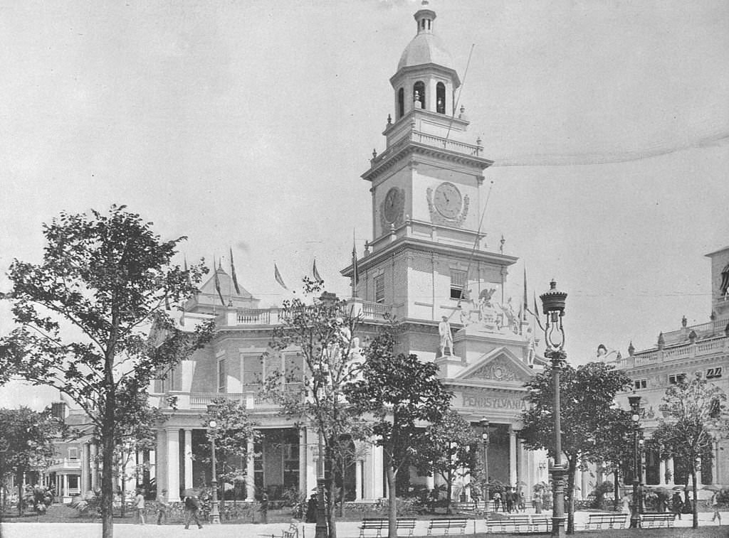 #119 The Pennsylvania Building, showing the clock tower and main entrance at the World’s Columbian Exposition in Chicago, 1893.