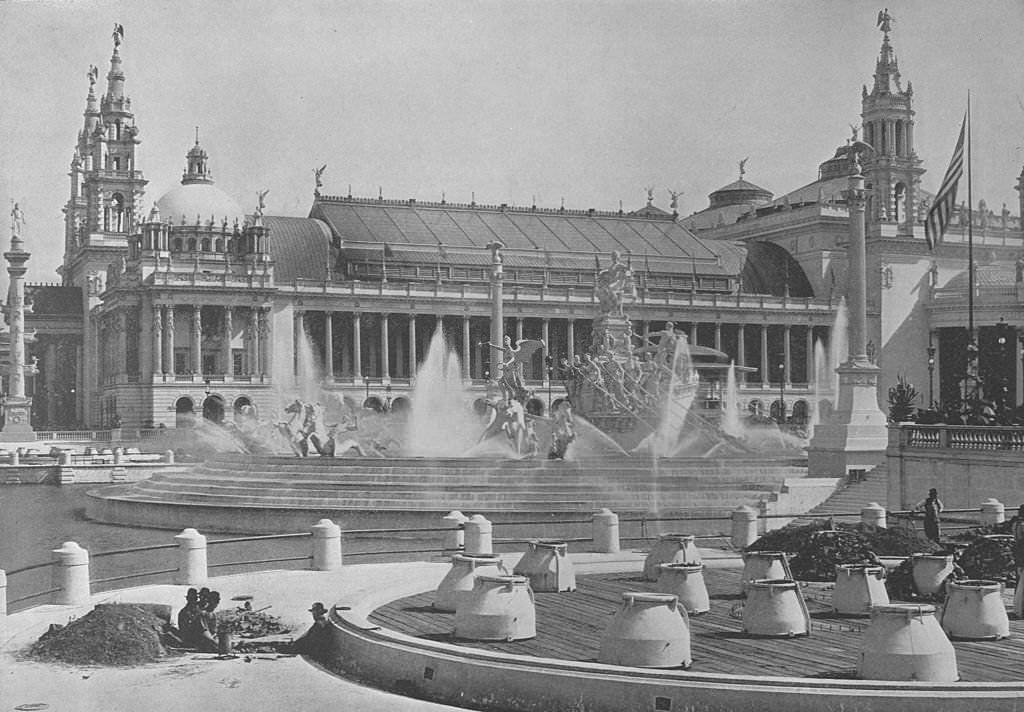 #13 The Electric Fountain, MacMonnies’ Fountain and the east section of the Palace of Mechanical Arts at the World’s Columbian Exposition in Chicago, Illinois, 1893.