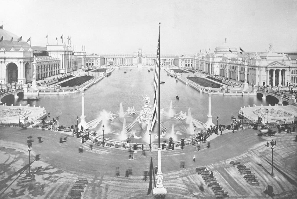 #15 The Court of Honor, looking east from the Administration Building, showing MacMonnies’ Fountain in action at the World’s Columbian Exposition in Chicago, 1893.