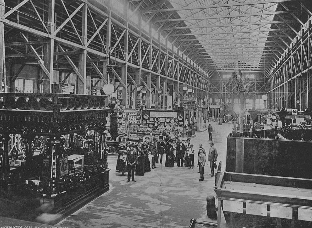 #121 The central aisle of the Forestry Building and an exhibit of wooden wares at the World’s Columbian Exposition in Chicago, 1893.