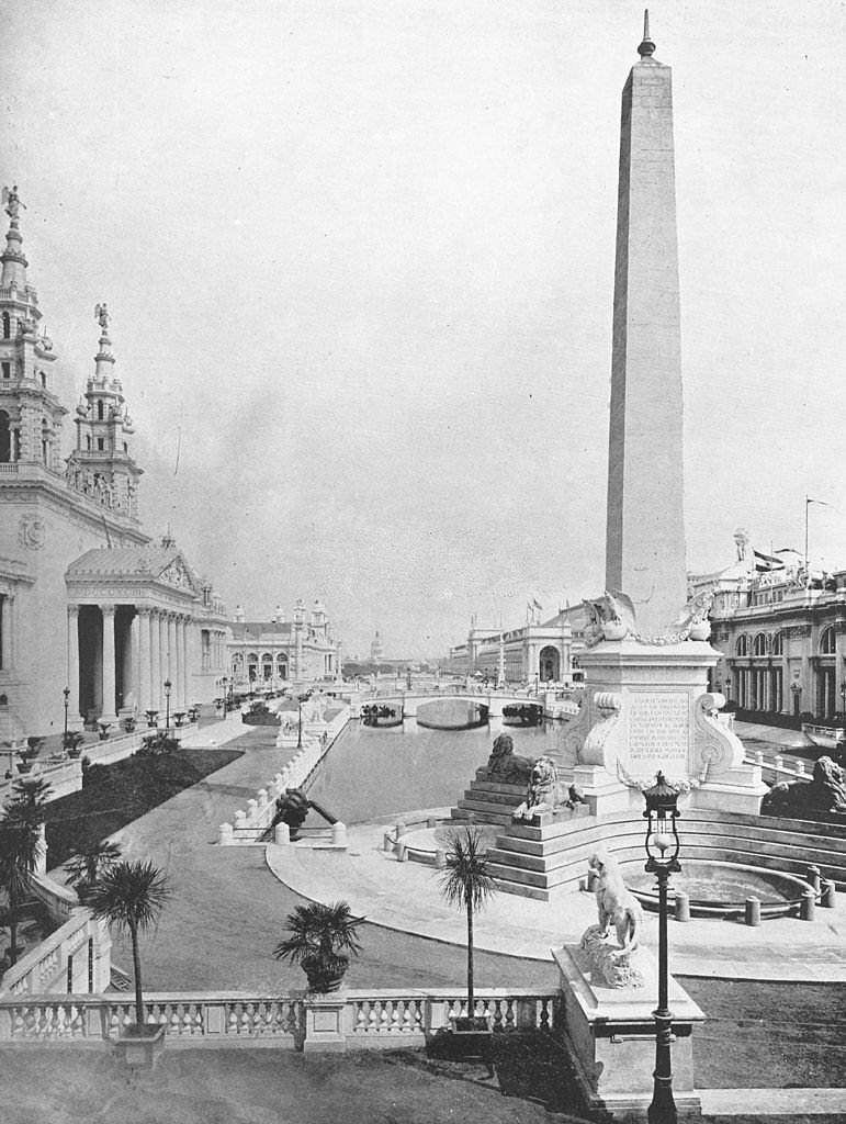 #28 The lagoon from the Stock Pavilion with the Obelisk in the foreground at the World’s Columbian Exposition in Chicago, Illinois, 1893.