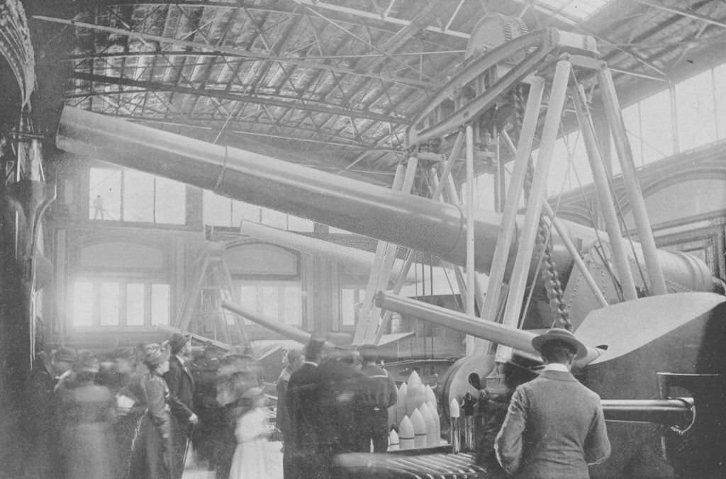 #31 An interior view of the Krupp Gun Works Building showing the 122-ton gun at the World’s Columbian Exposition in Chicago, Illinois, 1893.