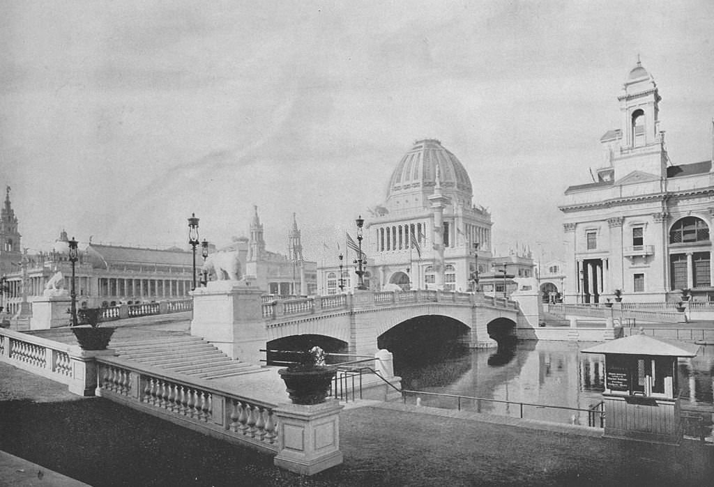 #126 The bridge over the lagoon at the south end of the Electricity and Manufactures Buildings at the World’s Columbian Exposition in Chicago, 1893.