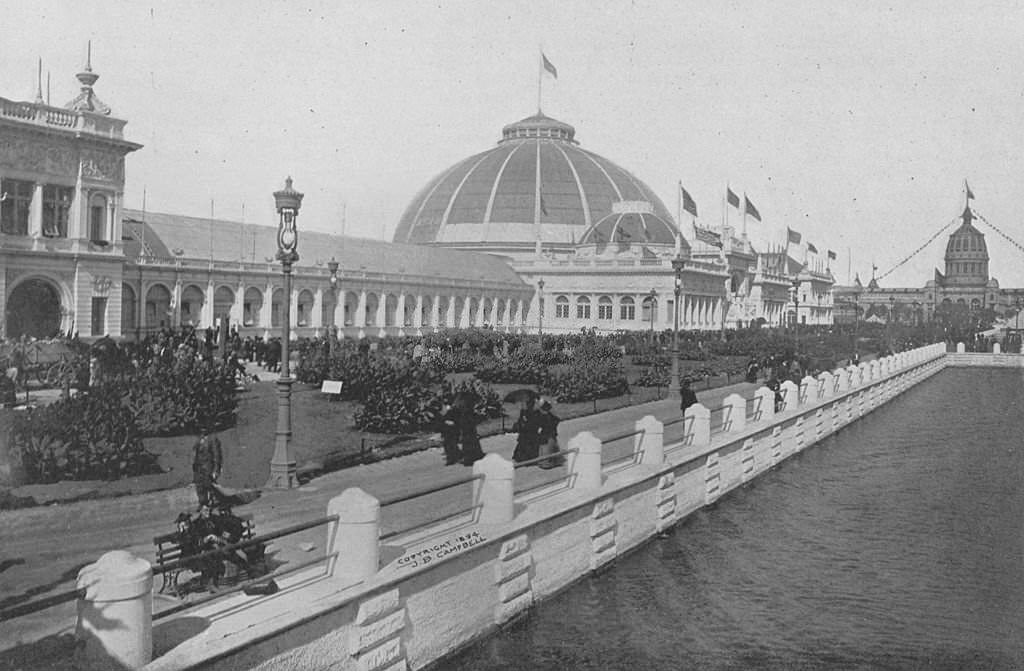 #35 The Horticultural Building and grounds fronting the Lagoon Plaza covered with plants and flowers at the World’s Columbian Exposition in Chicago, 1893.