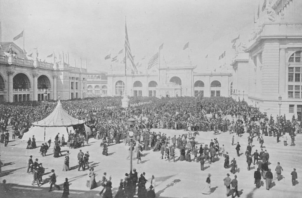 #128 The Administration Plaza during the parade on Chicago Day, October 9, 1893, at the World’s Columbian Exposition in Chicago, Illinois.