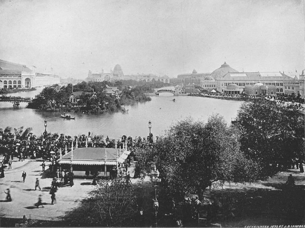 #37 The Wooded Island and lagoons as they appeared from the plaza south of the Illinois Building at the World’s Columbian Exposition in Chicago, 1893.
